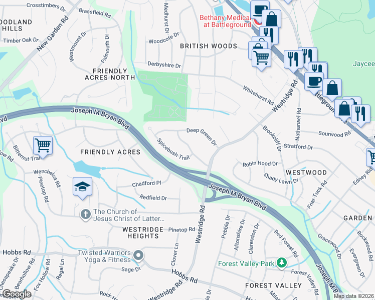 map of restaurants, bars, coffee shops, grocery stores, and more near 3503 Smoketree Drive in Greensboro