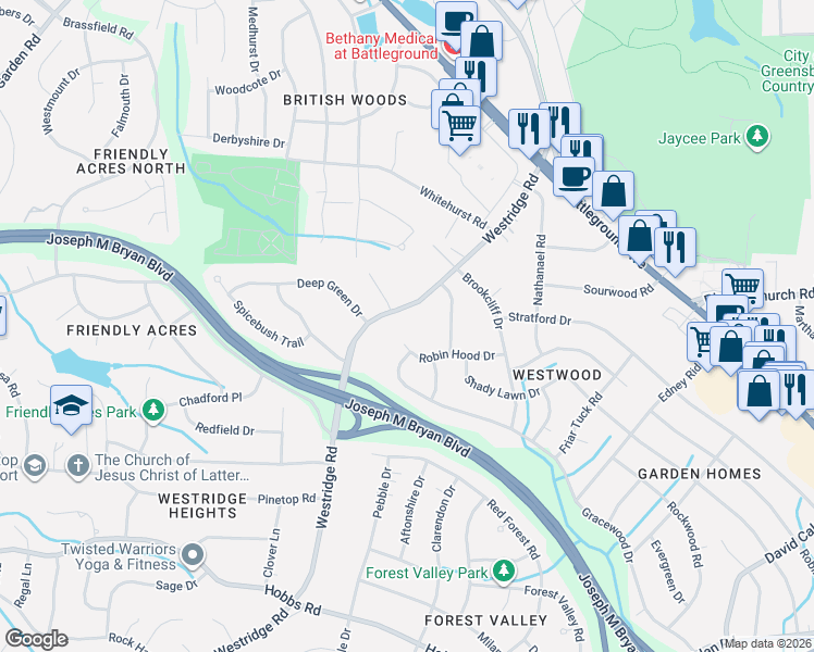 map of restaurants, bars, coffee shops, grocery stores, and more near 1702 Westridge Road in Greensboro