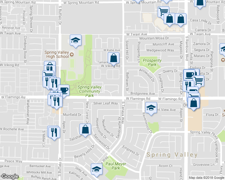 map of restaurants, bars, coffee shops, grocery stores, and more near 7400 West Flamingo Road in Las Vegas