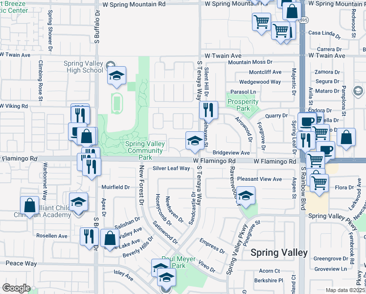 map of restaurants, bars, coffee shops, grocery stores, and more near 7400 West Flamingo Road in Las Vegas