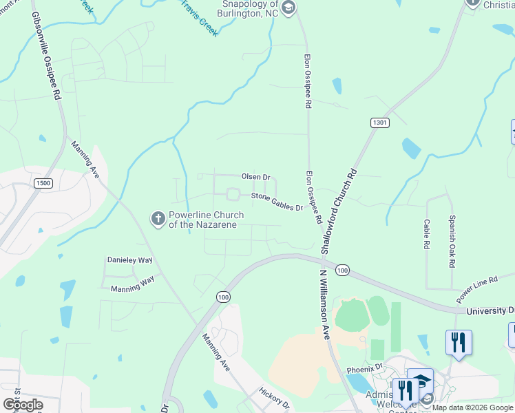 map of restaurants, bars, coffee shops, grocery stores, and more near 4011 Ralston Drive in Elon