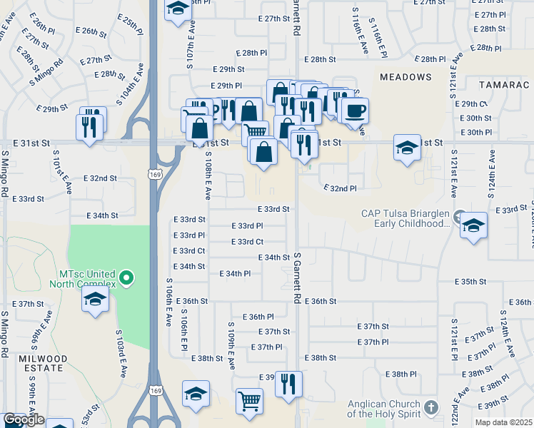 map of restaurants, bars, coffee shops, grocery stores, and more near 10882 East 33rd Street in Tulsa
