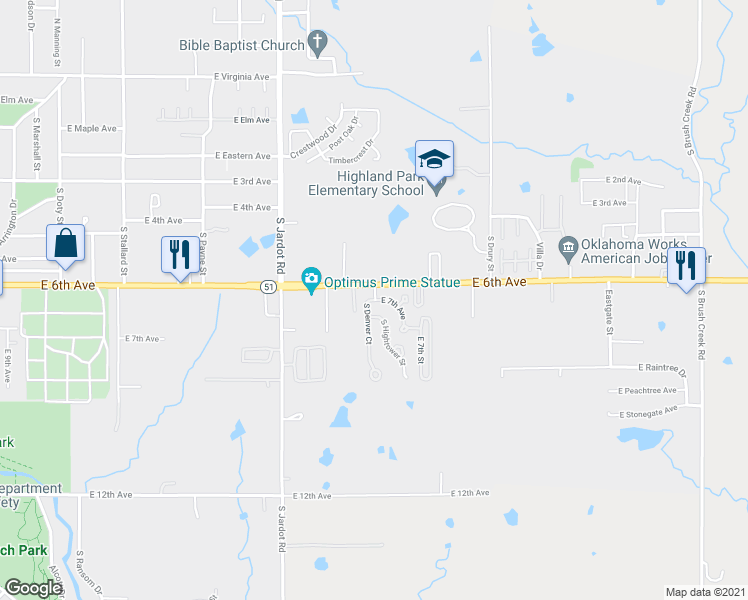 map of restaurants, bars, coffee shops, grocery stores, and more near 803 South Denver Court in Stillwater
