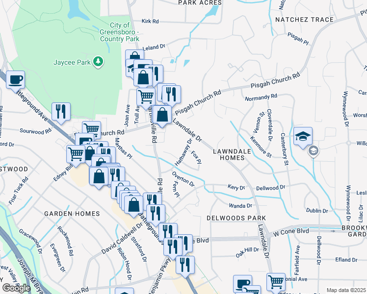map of restaurants, bars, coffee shops, grocery stores, and more near 2206 Hathaway Drive in Greensboro