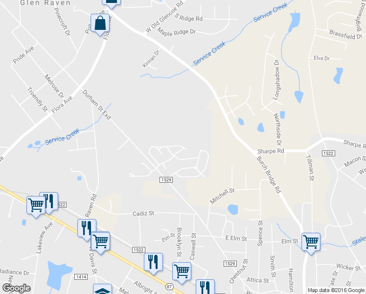map of restaurants, bars, coffee shops, grocery stores, and more near 1717 Durham Street in Burlington