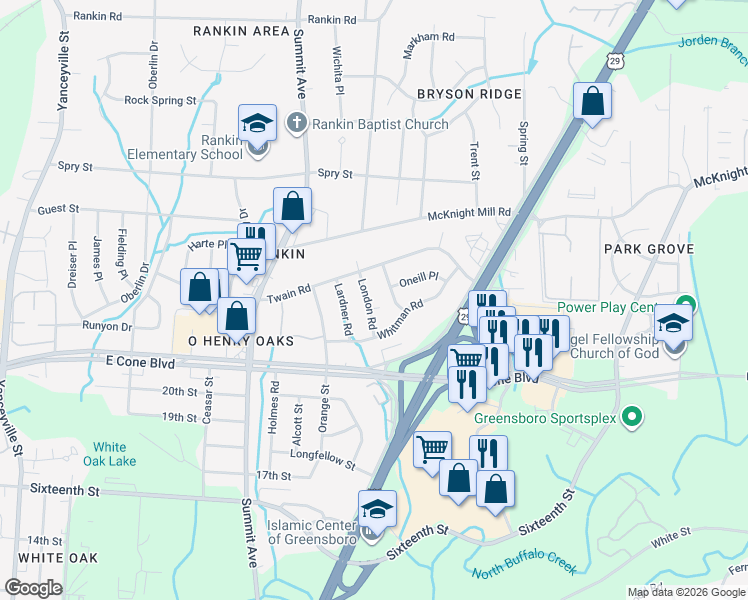 map of restaurants, bars, coffee shops, grocery stores, and more near 3210 London Road in Greensboro