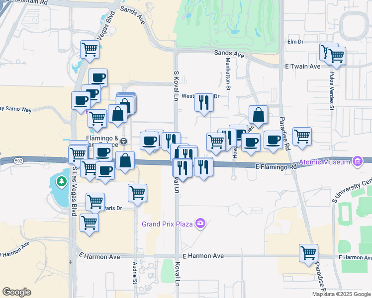 map of restaurants, bars, coffee shops, grocery stores, and more near 220 East Flamingo Road in Las Vegas