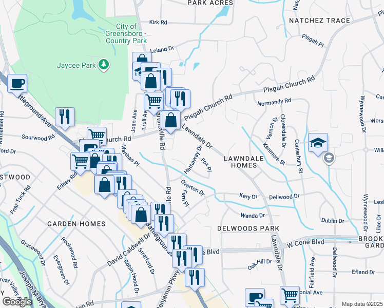 map of restaurants, bars, coffee shops, grocery stores, and more near 2206 Hathaway Drive in Greensboro