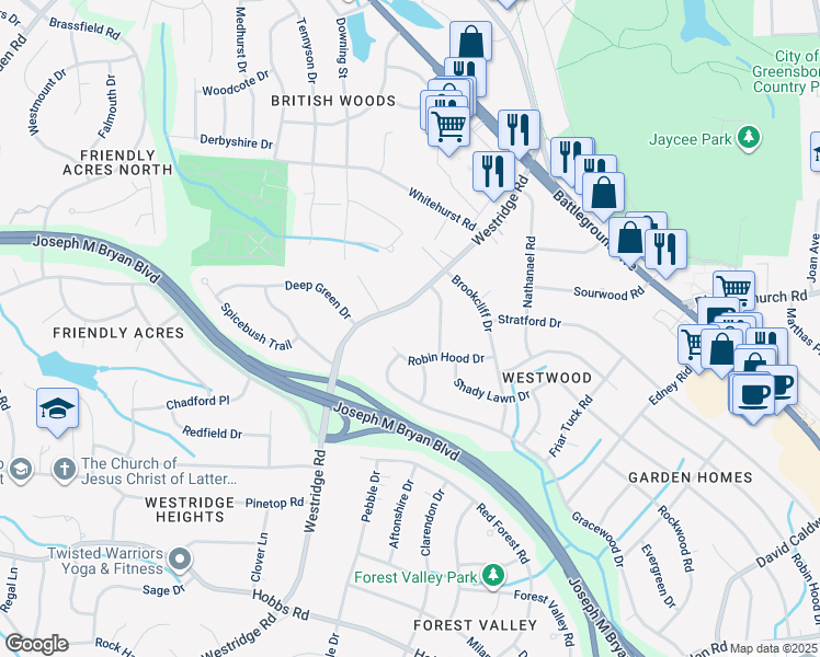 map of restaurants, bars, coffee shops, grocery stores, and more near 1702 Westridge Road in Greensboro