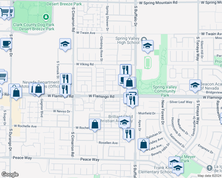 map of restaurants, bars, coffee shops, grocery stores, and more near 7950 West Flamingo Road in Las Vegas