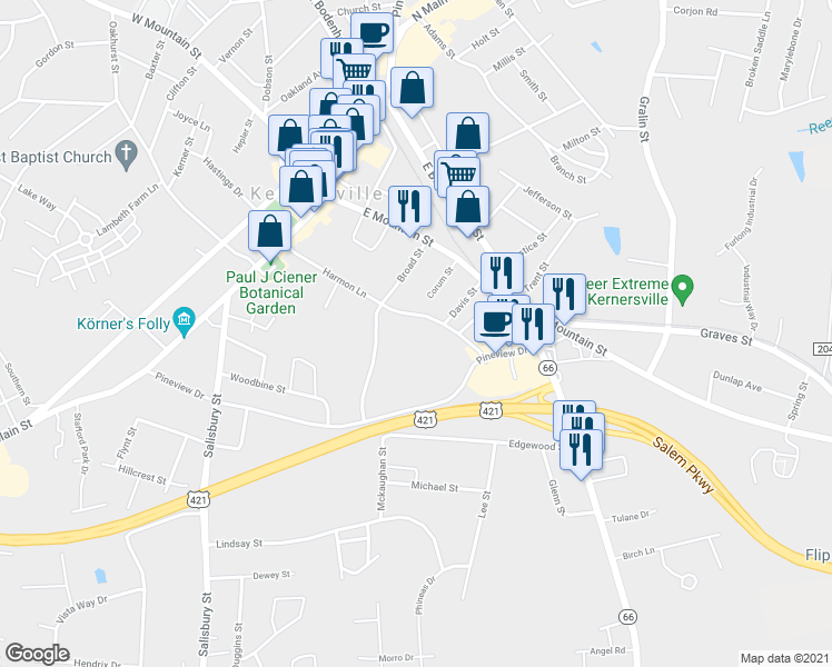 map of restaurants, bars, coffee shops, grocery stores, and more near 248 Harmon Lane in Kernersville