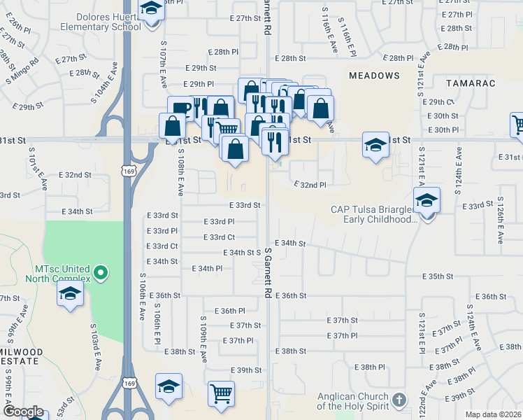 map of restaurants, bars, coffee shops, grocery stores, and more near 3305 South 112th East Avenue in Tulsa