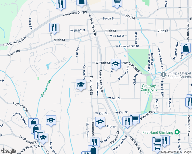 map of restaurants, bars, coffee shops, grocery stores, and more near 1632 Harrison Avenue in Winston-Salem