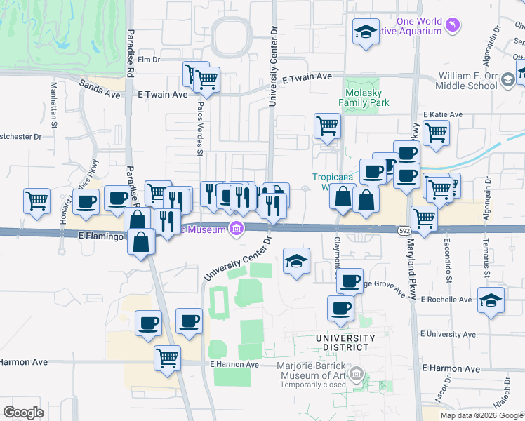 map of restaurants, bars, coffee shops, grocery stores, and more near 4055 South University Center Drive in Las Vegas