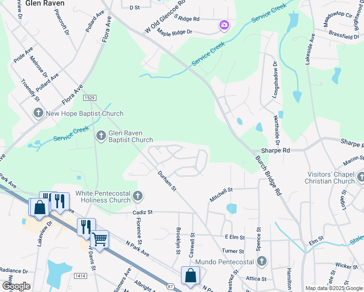map of restaurants, bars, coffee shops, grocery stores, and more near 1717 Durham Street in Burlington