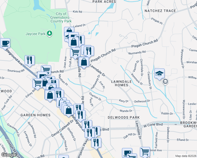 map of restaurants, bars, coffee shops, grocery stores, and more near 2206 Hathaway Drive in Greensboro