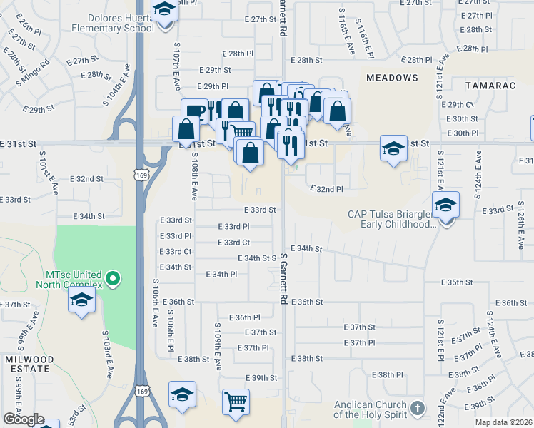 map of restaurants, bars, coffee shops, grocery stores, and more near 3305 South 112th East Avenue in Tulsa