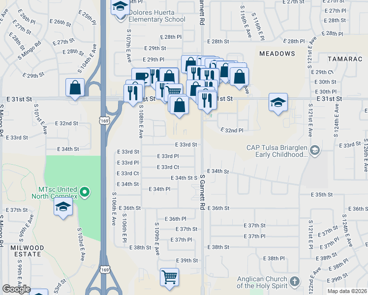 map of restaurants, bars, coffee shops, grocery stores, and more near 10882 East 33rd Street in Tulsa