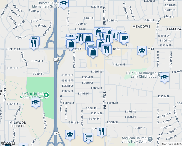 map of restaurants, bars, coffee shops, grocery stores, and more near 10882 East 33rd Street in Tulsa