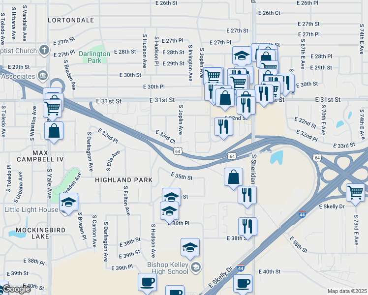 map of restaurants, bars, coffee shops, grocery stores, and more near 5972 East 33rd Court in Tulsa