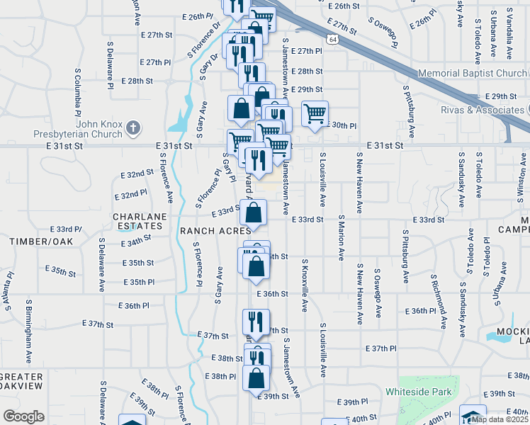 map of restaurants, bars, coffee shops, grocery stores, and more near 3241 South Harvard Avenue in Tulsa