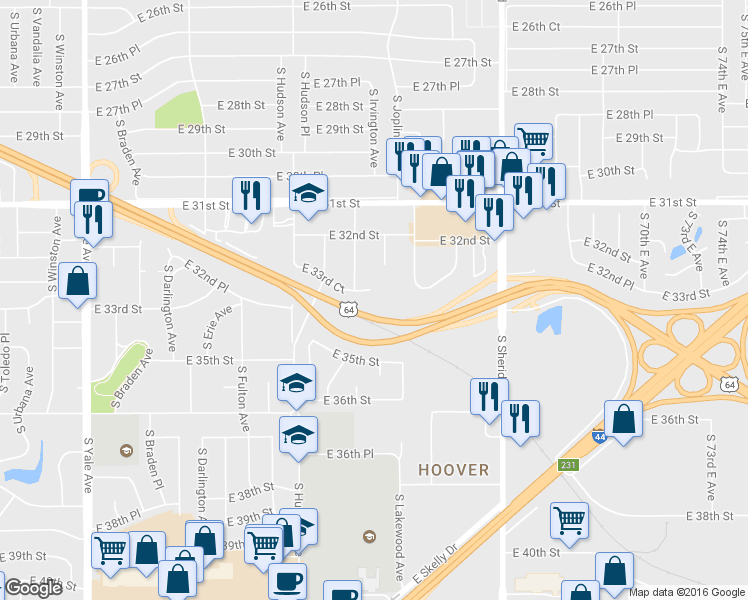 map of restaurants, bars, coffee shops, grocery stores, and more near 5972 East 33rd Court in Tulsa