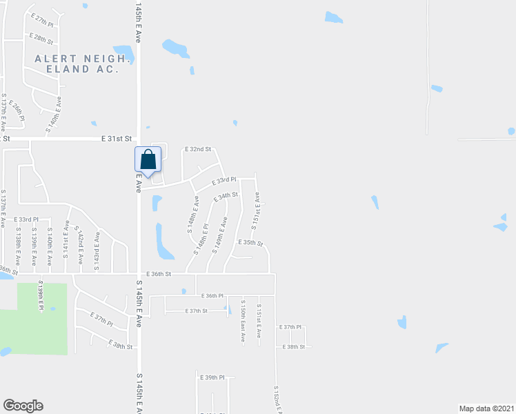 map of restaurants, bars, coffee shops, grocery stores, and more near 3432 South 151st East Avenue in Tulsa