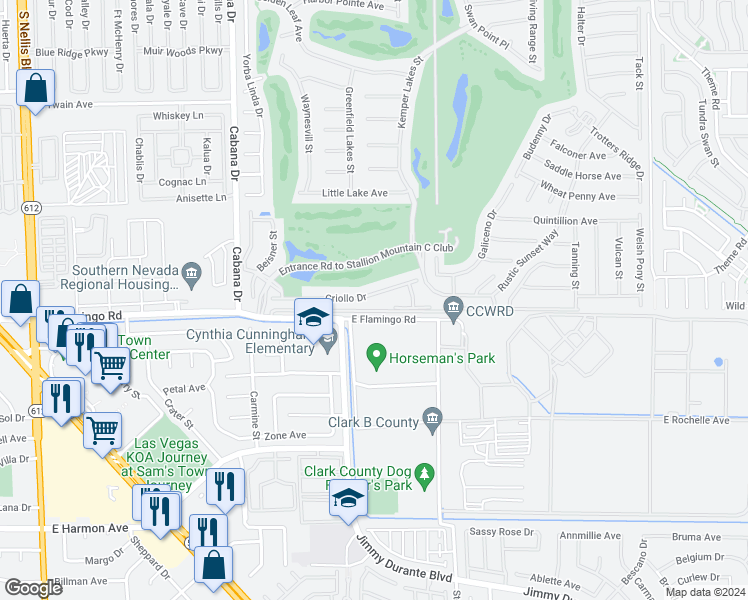 map of restaurants, bars, coffee shops, grocery stores, and more near 5655 Criollo Drive in Las Vegas