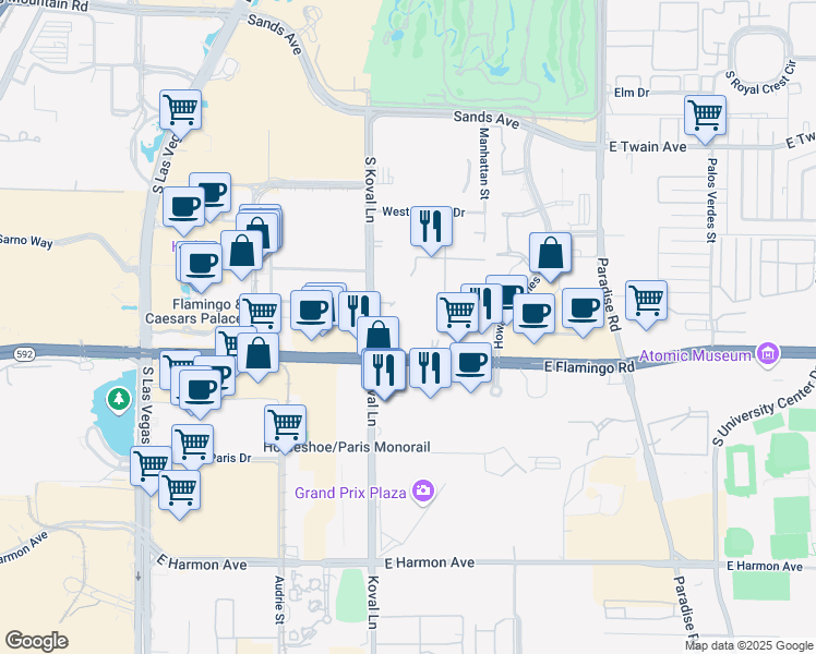map of restaurants, bars, coffee shops, grocery stores, and more near 220 East Flamingo Road in Las Vegas
