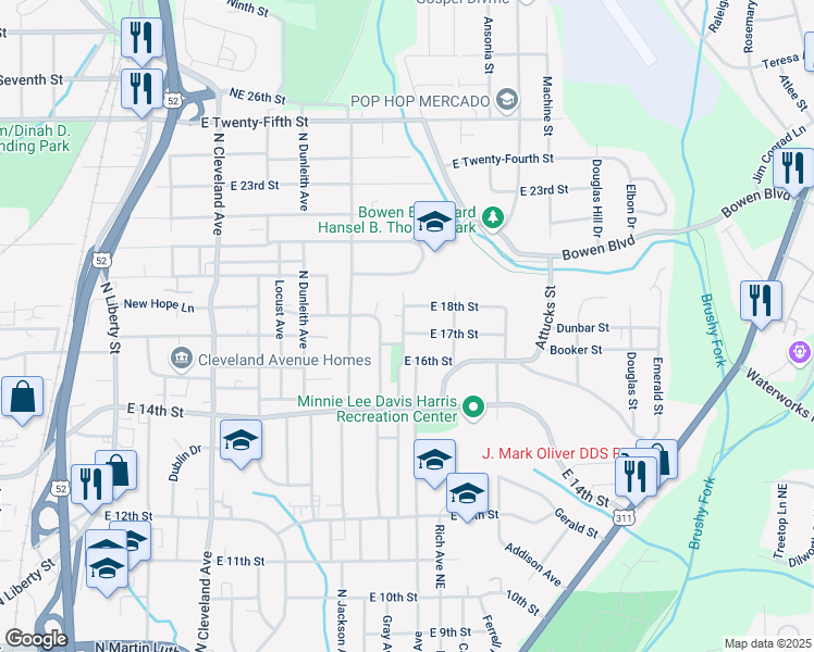 map of restaurants, bars, coffee shops, grocery stores, and more near 1705 Gray Avenue Northeast in Winston-Salem