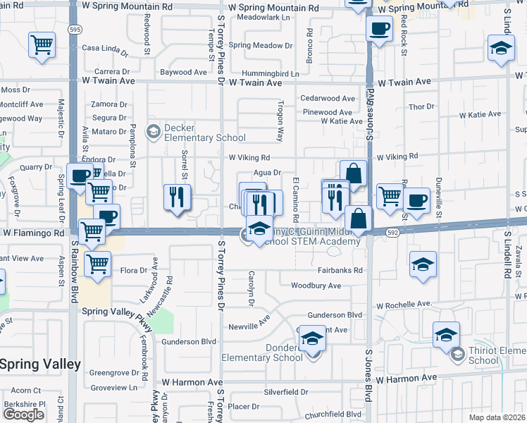 map of restaurants, bars, coffee shops, grocery stores, and more near 6381 Chisos Drive in Las Vegas