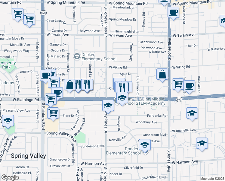 map of restaurants, bars, coffee shops, grocery stores, and more near 6461 Chisos Drive in Las Vegas