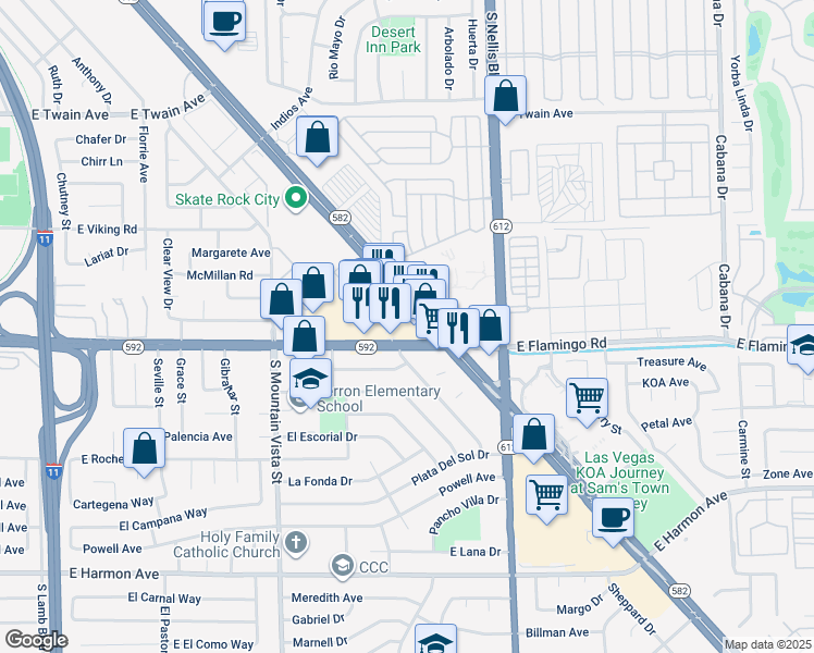map of restaurants, bars, coffee shops, grocery stores, and more near 4870 Boulder Highway in Las Vegas