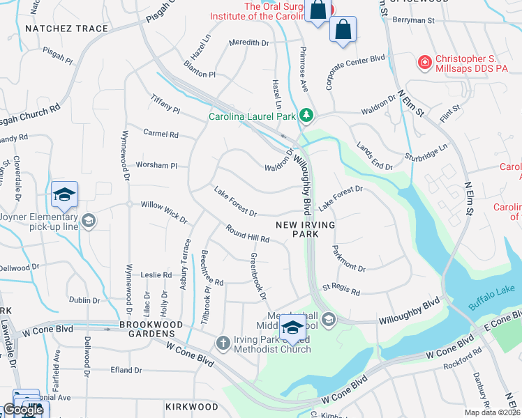 map of restaurants, bars, coffee shops, grocery stores, and more near 3018 Lake Forest Drive in Greensboro