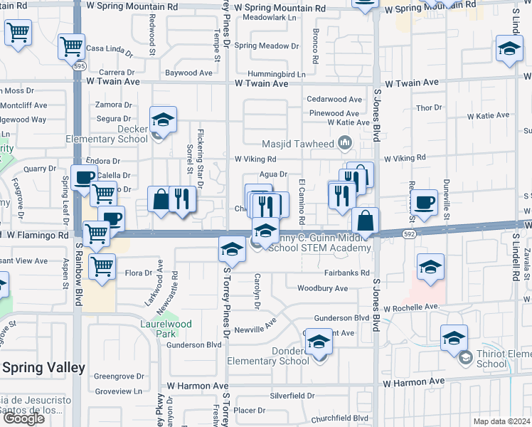 map of restaurants, bars, coffee shops, grocery stores, and more near 6391 Chisos Drive in Las Vegas