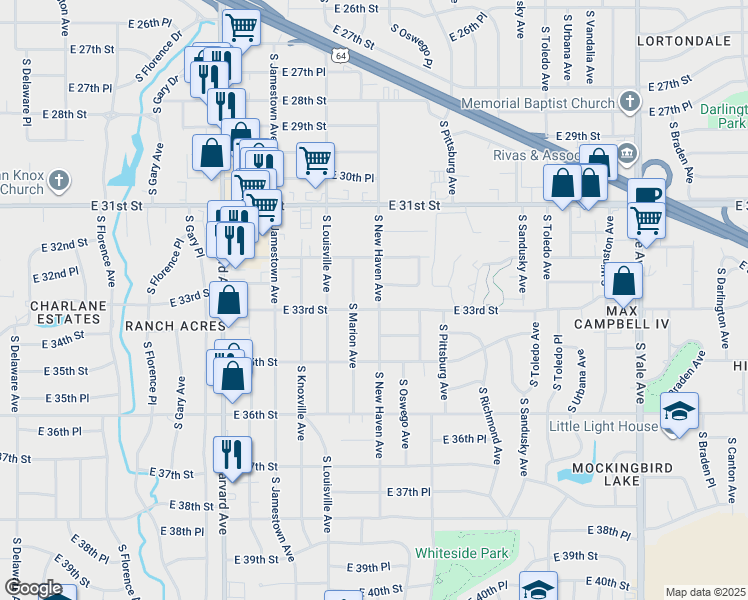 map of restaurants, bars, coffee shops, grocery stores, and more near 3242 South New Haven Avenue in Tulsa