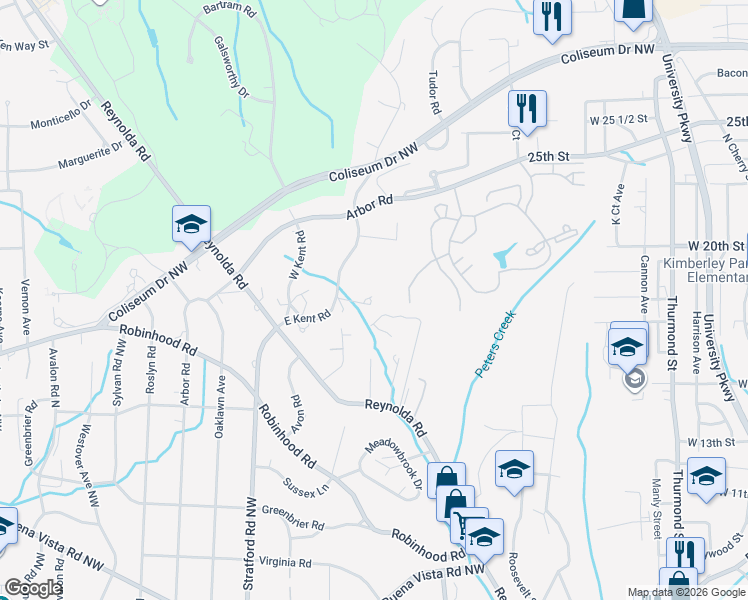 map of restaurants, bars, coffee shops, grocery stores, and more near 1069 Kent Court in Winston-Salem