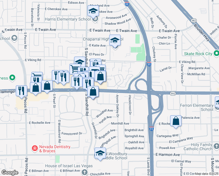 map of restaurants, bars, coffee shops, grocery stores, and more near 3949 Weybridge Drive in Las Vegas