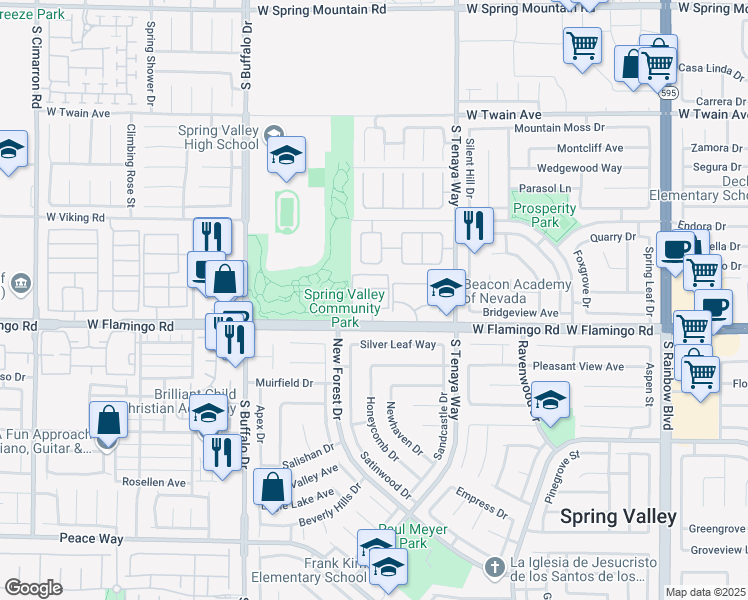 map of restaurants, bars, coffee shops, grocery stores, and more near 7570 West Flamingo Road in Las Vegas