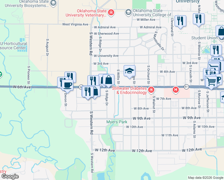 map of restaurants, bars, coffee shops, grocery stores, and more near 604 South Willis Street in Stillwater