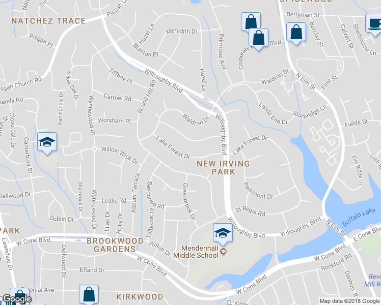 map of restaurants, bars, coffee shops, grocery stores, and more near 3018 Lake Forest Drive in Greensboro