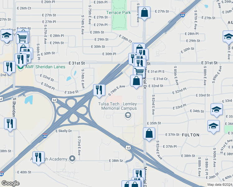 map of restaurants, bars, coffee shops, grocery stores, and more near 3217 South 79th East Avenue in Tulsa
