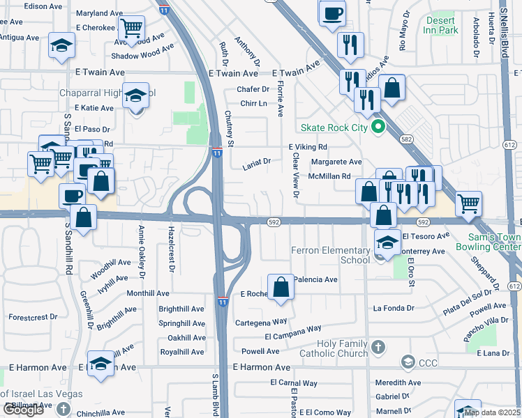 map of restaurants, bars, coffee shops, grocery stores, and more near 4066 Village Square in Las Vegas