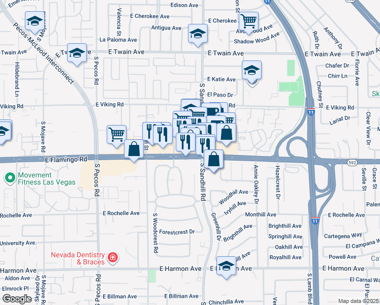 map of restaurants, bars, coffee shops, grocery stores, and more near 3754 East Flamingo Road in Las Vegas
