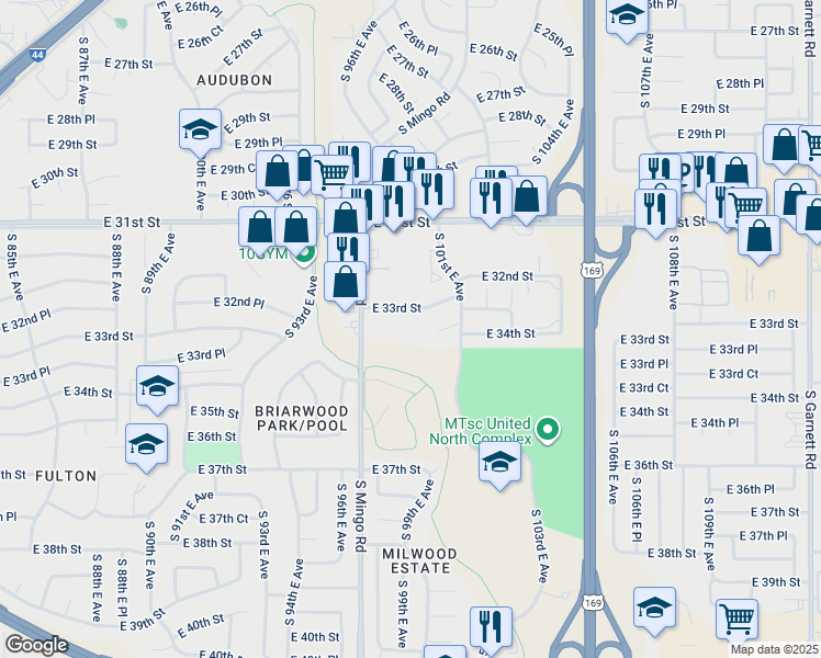map of restaurants, bars, coffee shops, grocery stores, and more near 9740 East 33rd Street in Tulsa