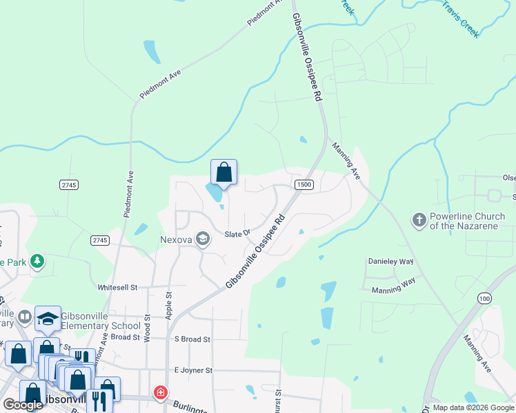map of restaurants, bars, coffee shops, grocery stores, and more near 80 Slate Court in Gibsonville