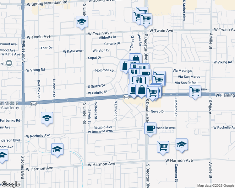 map of restaurants, bars, coffee shops, grocery stores, and more near 4082 Crete Lane in Las Vegas