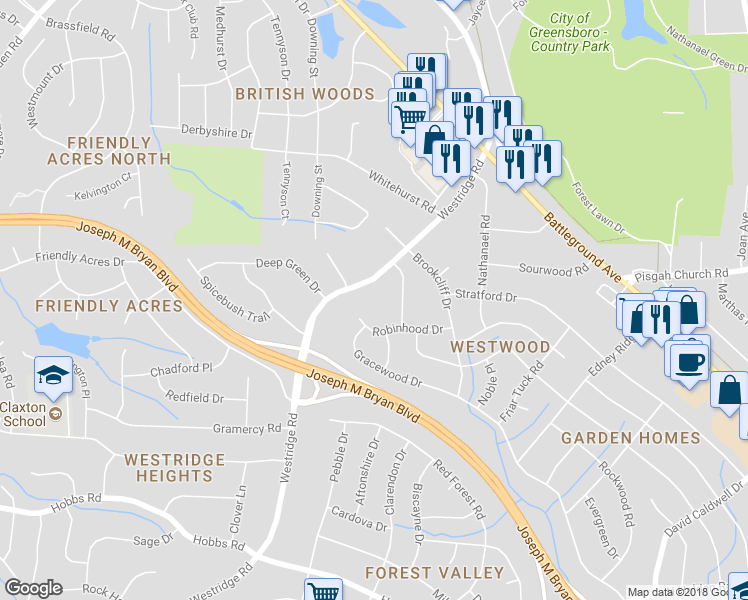 map of restaurants, bars, coffee shops, grocery stores, and more near 1702 Westridge Road in Greensboro