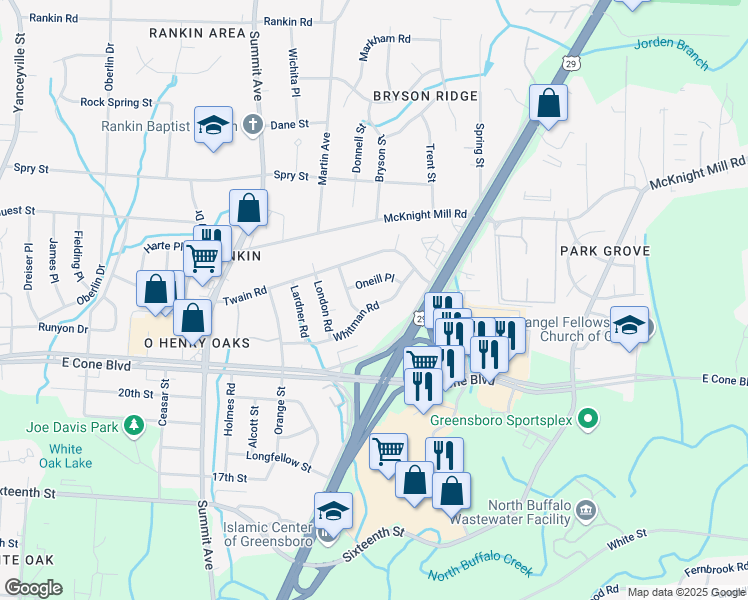 map of restaurants, bars, coffee shops, grocery stores, and more near 2005 Whitman Road in Greensboro