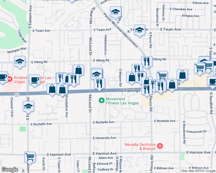 map of restaurants, bars, coffee shops, grocery stores, and more near 3194 East Flamingo Road in Las Vegas